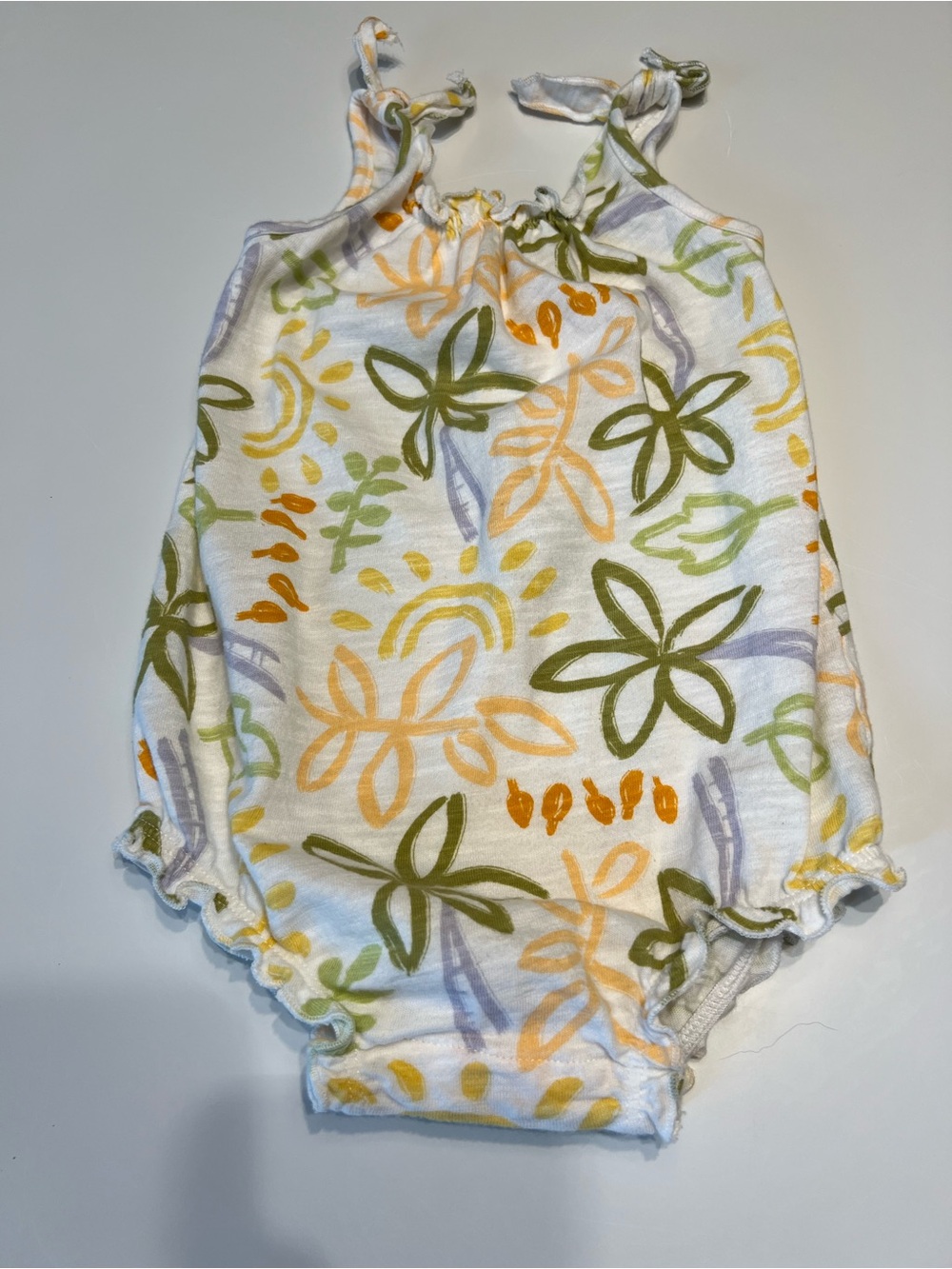 Little Co Like New Tie Shoulder Onesie in Tropical Watercolor Print